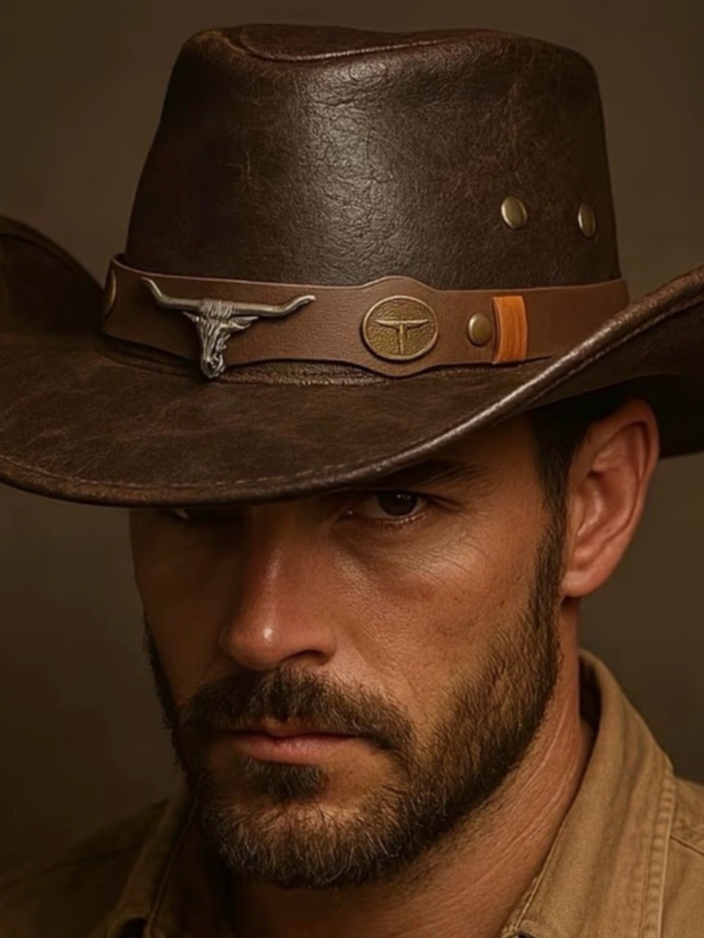 Men's Brown Leather Cowboy Hat - Classic Western Style
